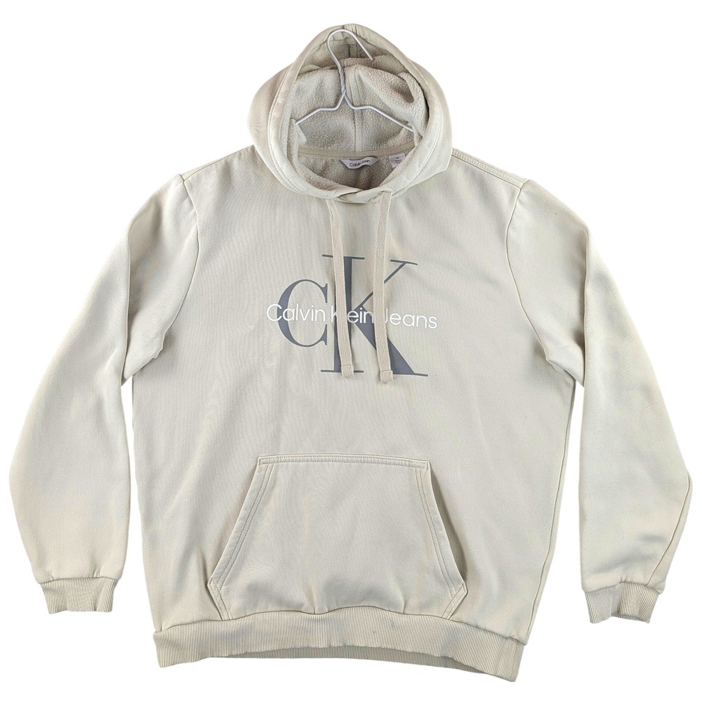 Calvin Klein Jeans CK Logo Hoodie Men's Large Cream Beige Pullover Sweatshirt